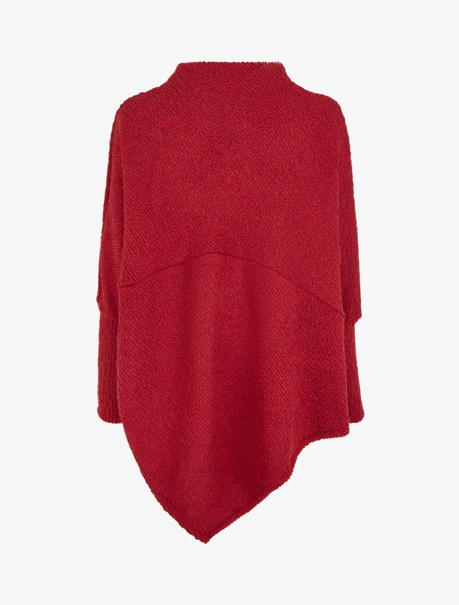 Effen gestructureerde poncho met lange mouwen - Rood - Image 2