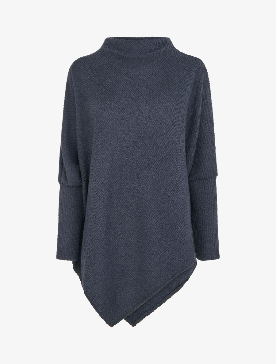 Effen gestructureerde poncho met lange mouwen - Marine