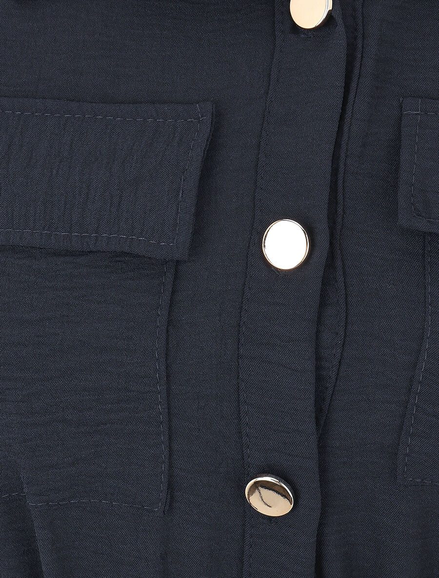 Effen halflange jurk met knoopsluiting - Donkerblauw - Image 3