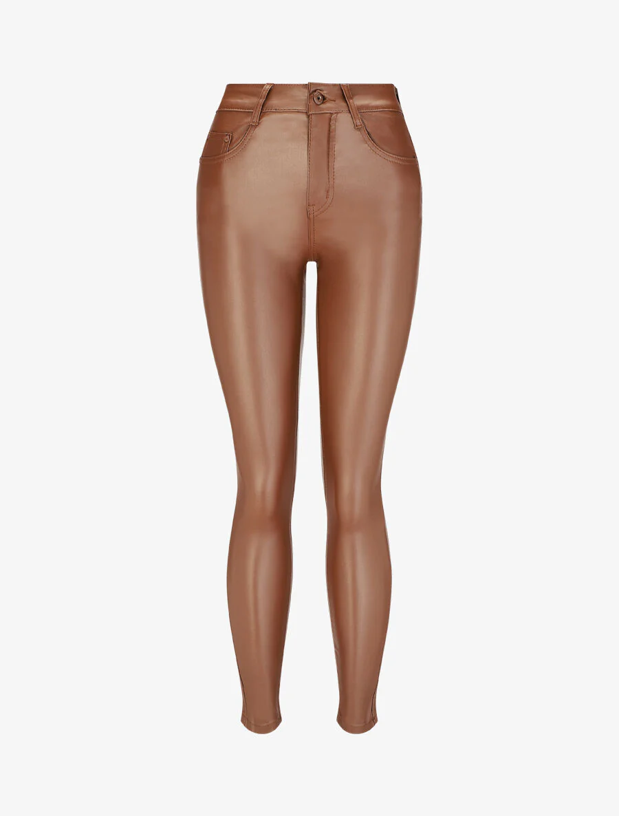 Effen imitatieleren broek - bruin