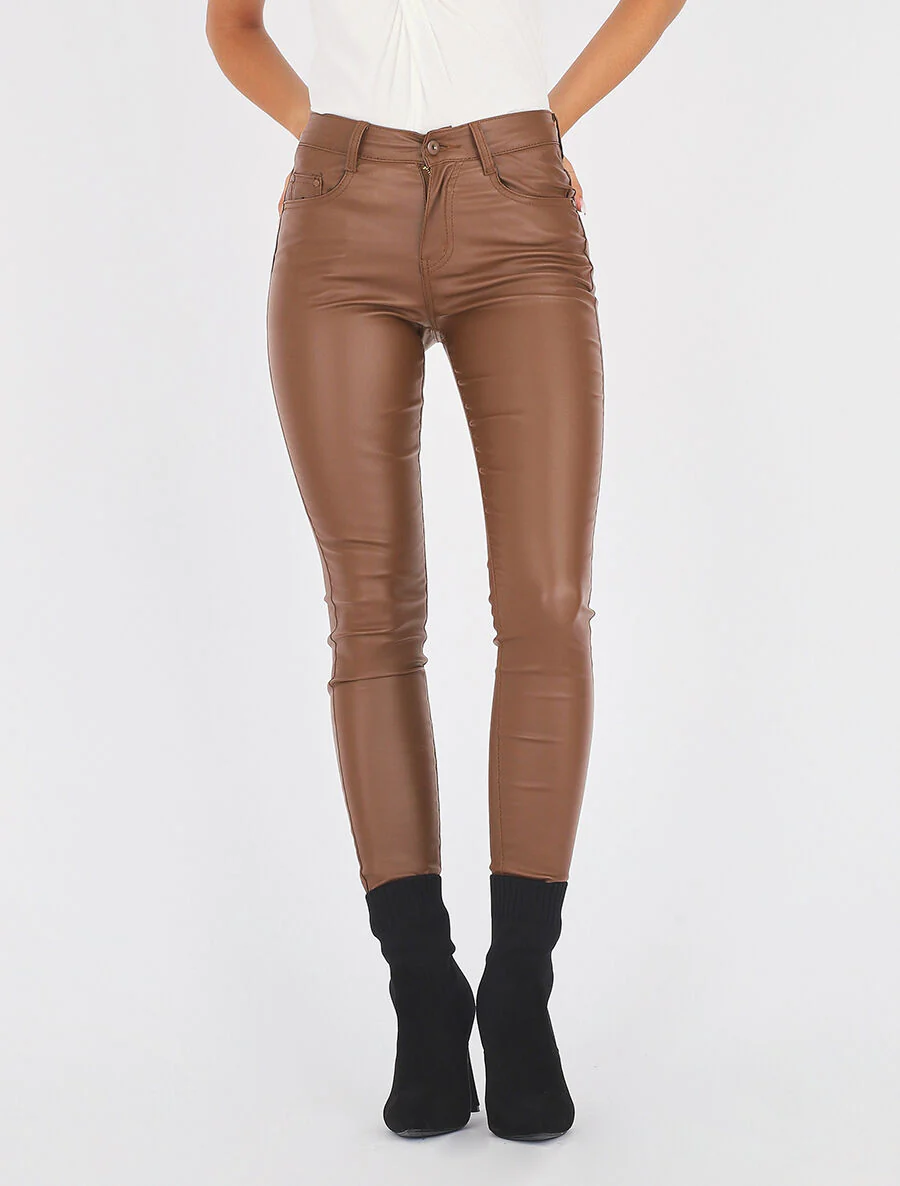 Effen imitatieleren broek - bruin - Image 4