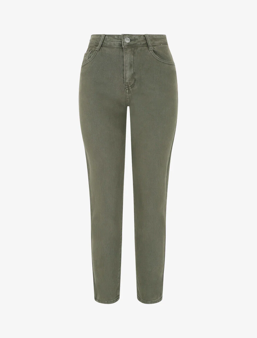 Effen jeans met hoge taille - Khaki