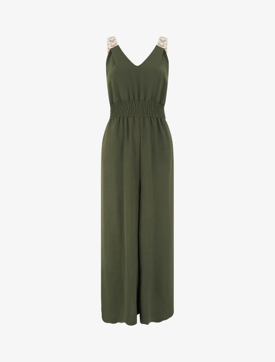 Effen jumpsuit met bandjes en hartjesmotief - Kaki