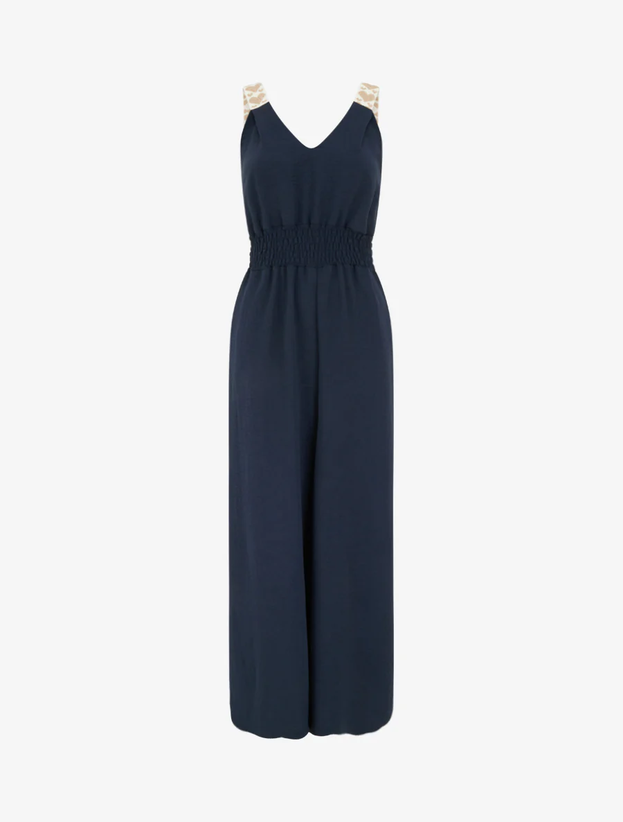 Effen jumpsuit met bandjes en hartjesmotief - Marine