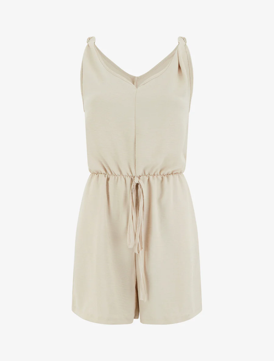Effen jumpsuit met elastische tailleband - Beige