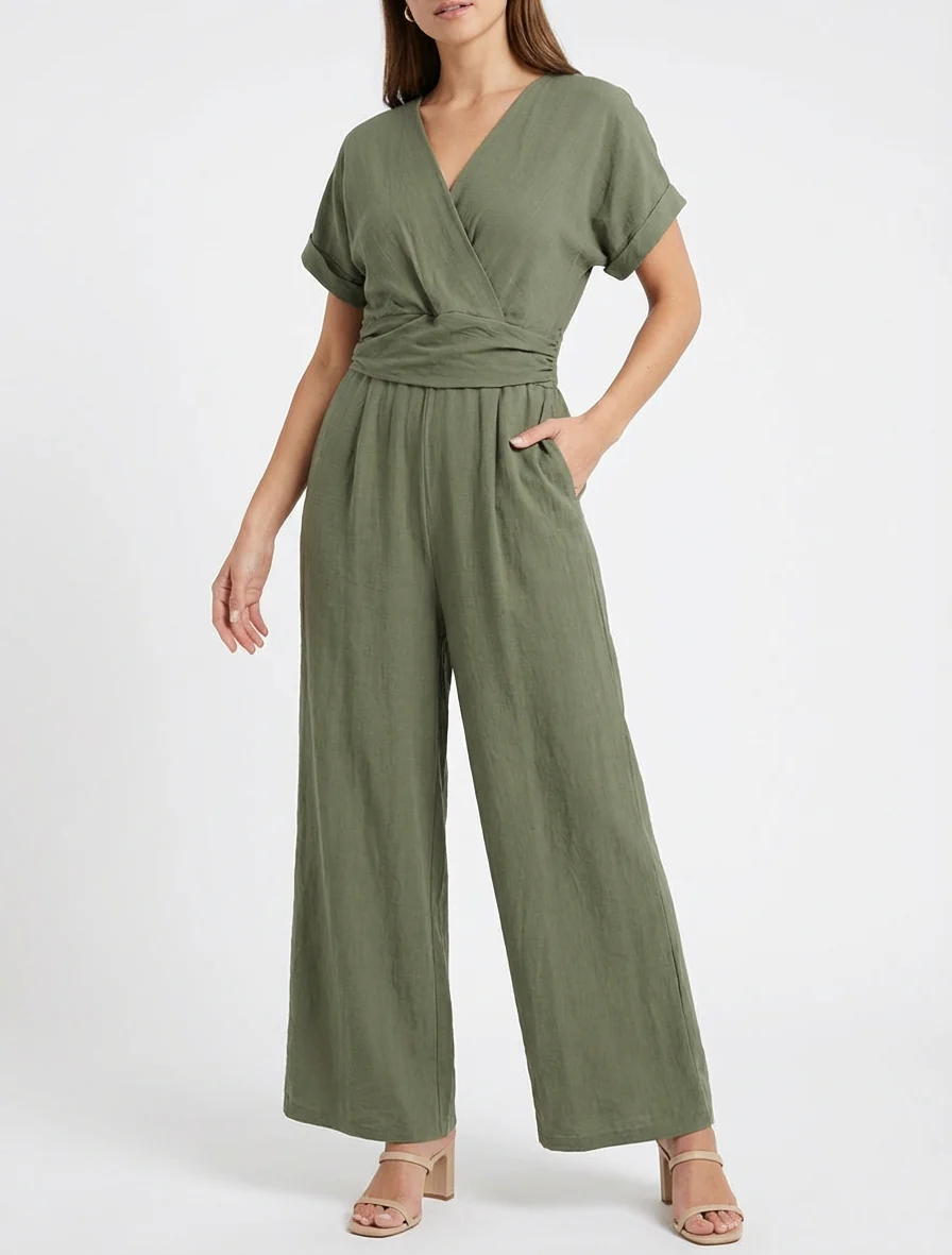 Effen jumpsuit met korte mouwen - Kaki - Image 4