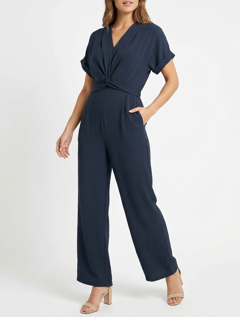 Effen jumpsuit met korte mouwen - Nachtblauw - Image 4