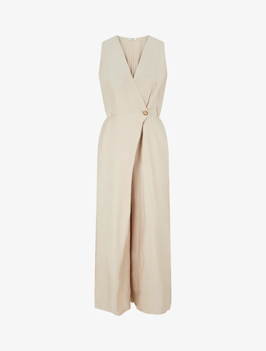 Effen jumpsuit met overslagkraag - Beige