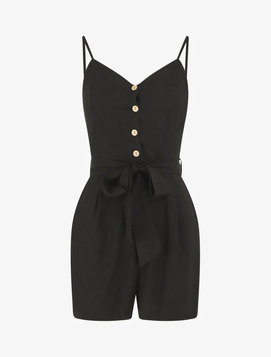 Effen jumpsuit met riem - Zwart