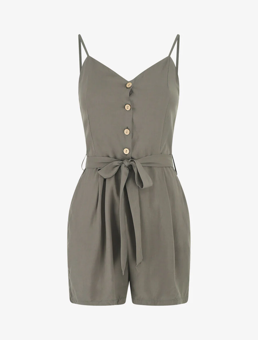 Effen jumpsuit met riem - Kakigroen