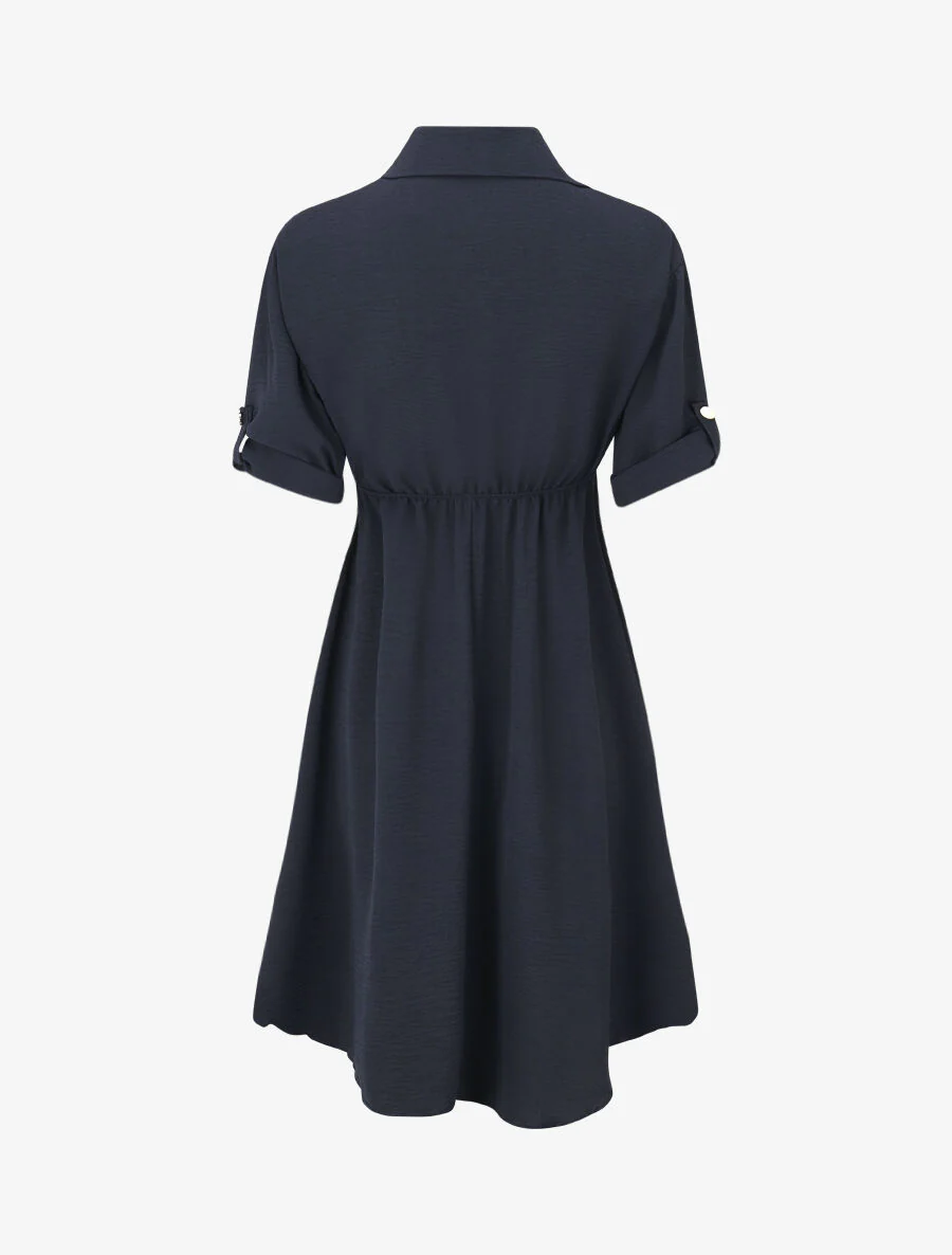 Effen jurk met elastiek halverwege de lengte - Donkerblauw - Image 2