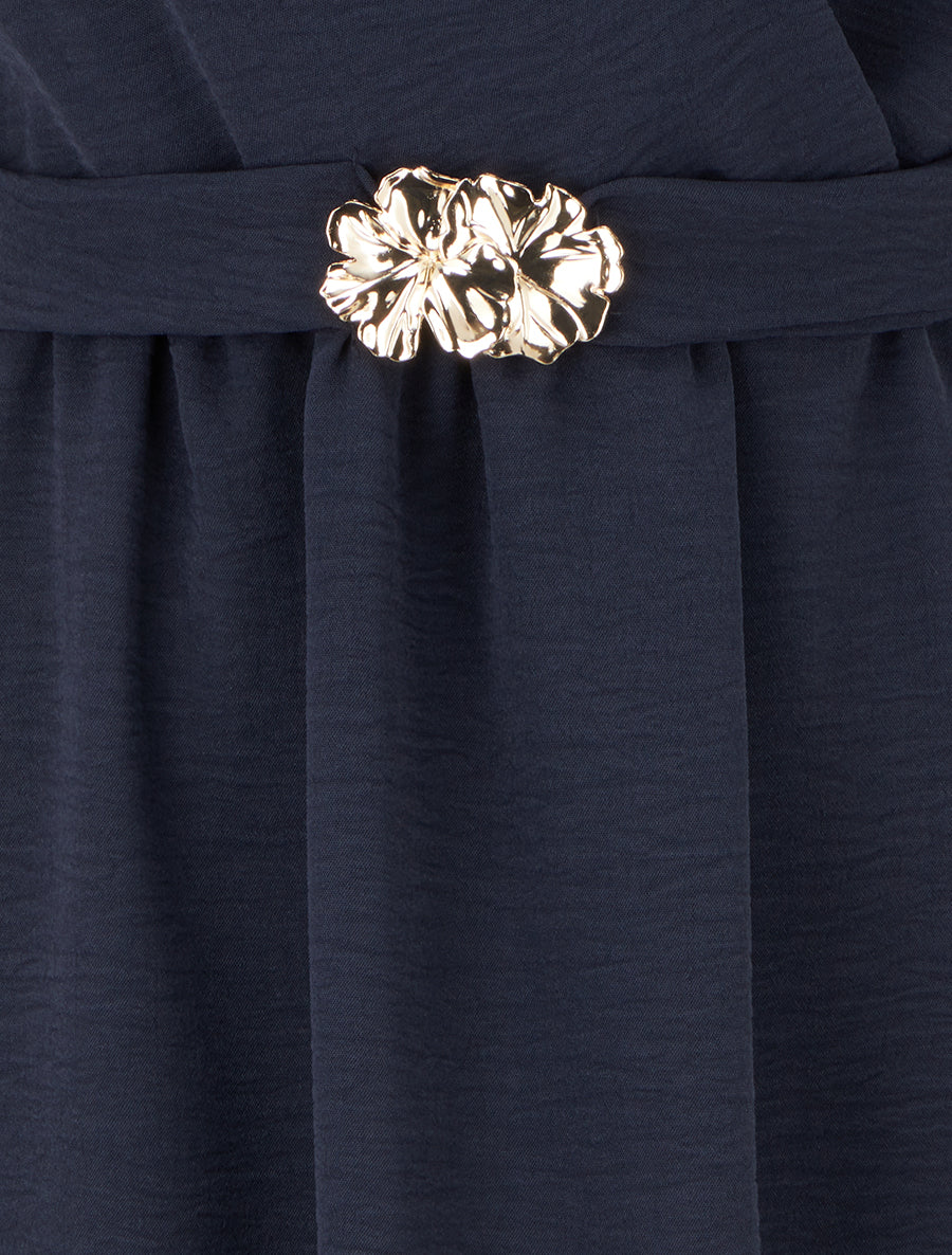 Effen jurk met sierstuk op de taille - Marine - Image 3