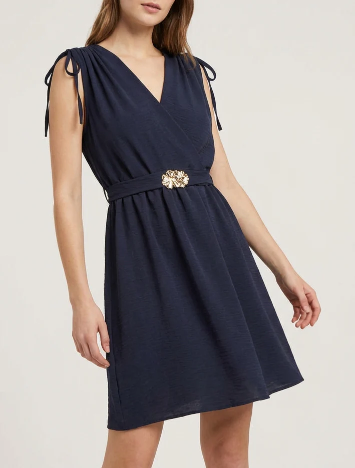 Effen jurk met sierstuk op de taille - Marine - Image 4
