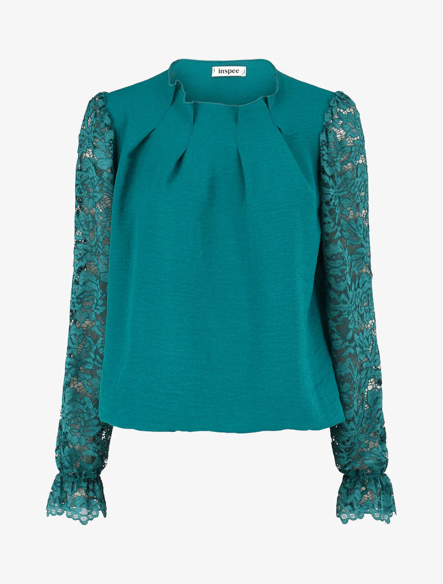 Effen kanten topje met lange mouwen - Blauwgroen
