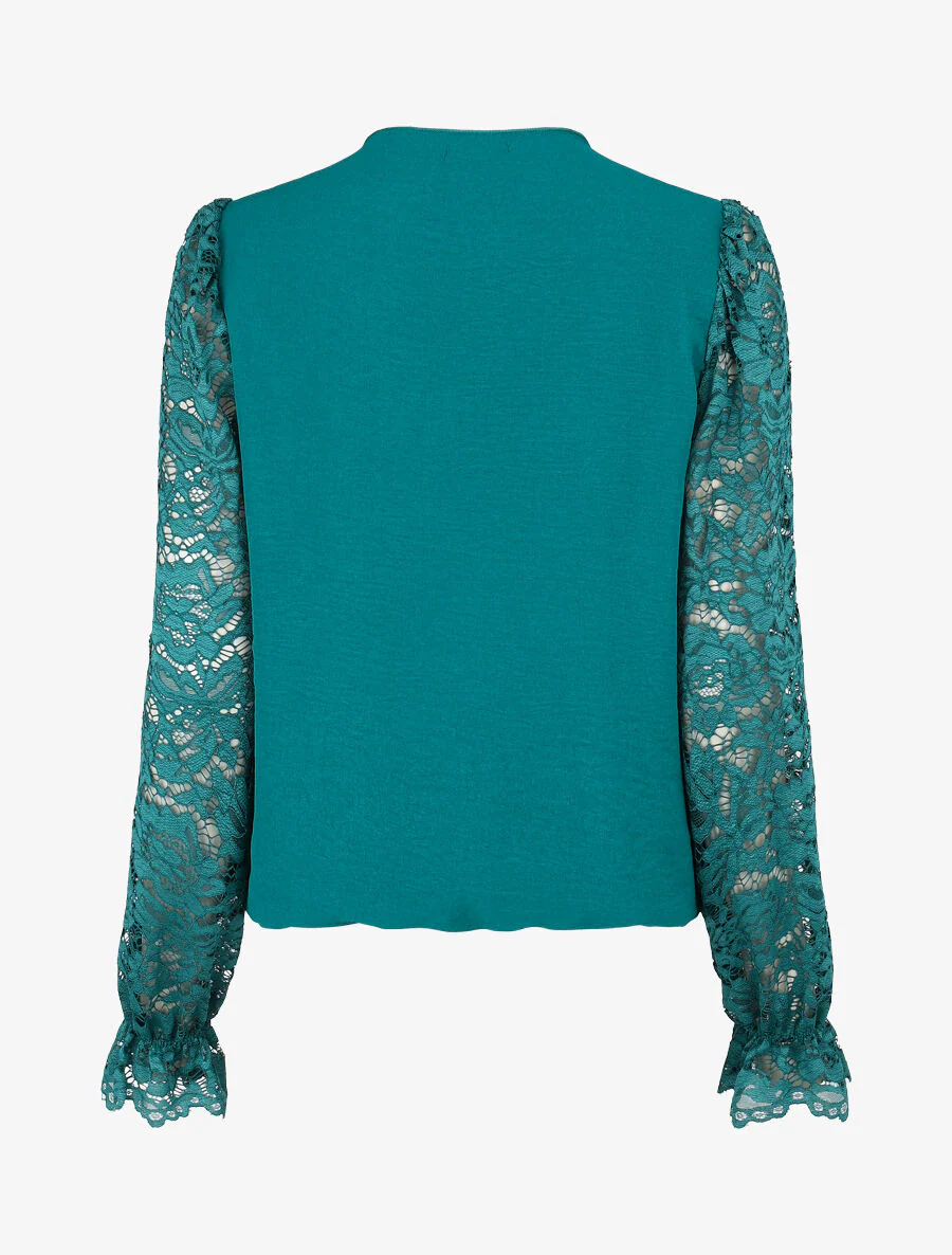 Effen kanten topje met lange mouwen - Blauwgroen - Image 2