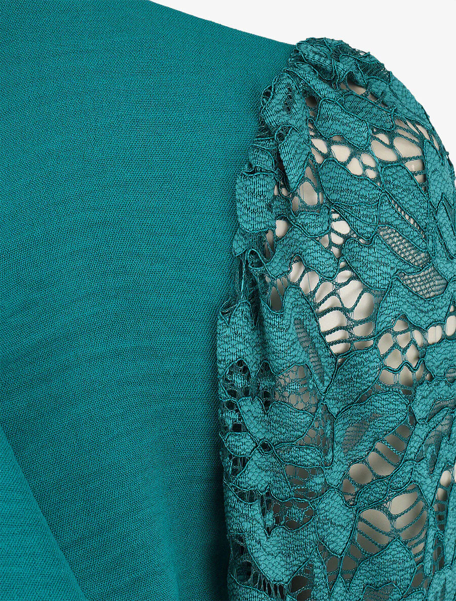 Effen kanten topje met lange mouwen - Blauwgroen - Image 3