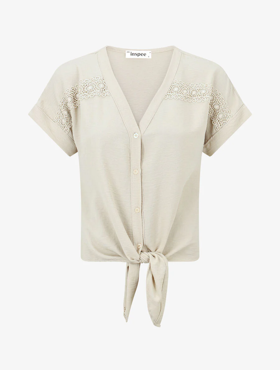Effen knoopblouse met borduursel - Beige