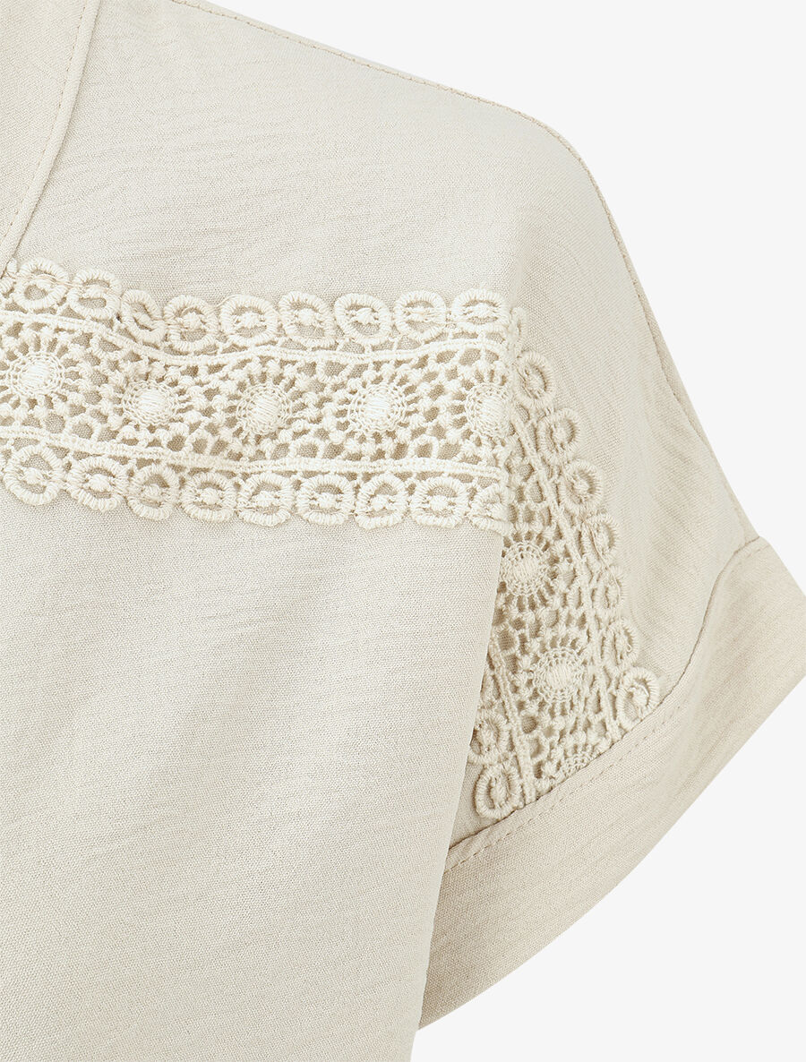 Effen knoopblouse met borduursel - Beige - Image 3