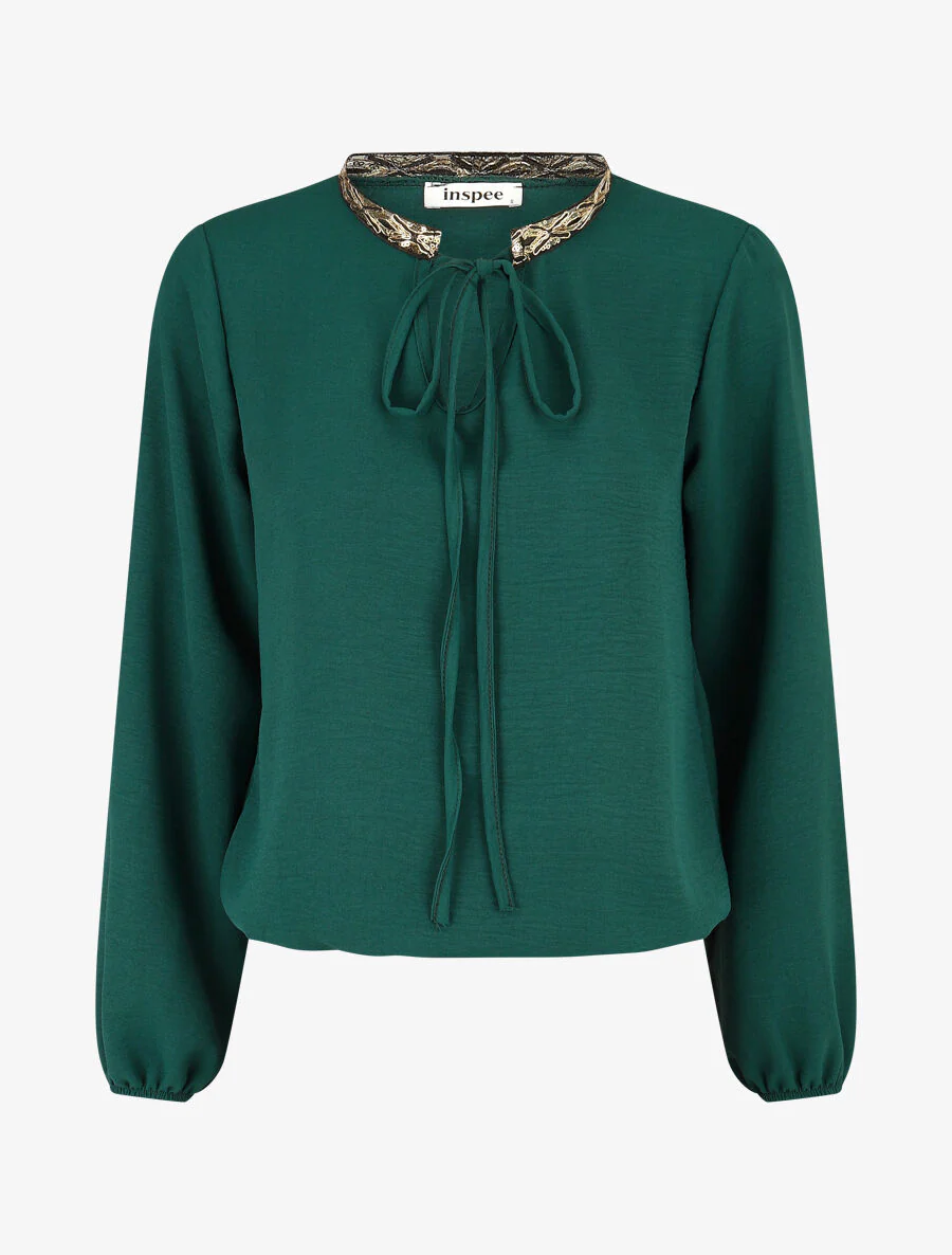 Effen knoopblouse met paillettenkraag - Dennengroen