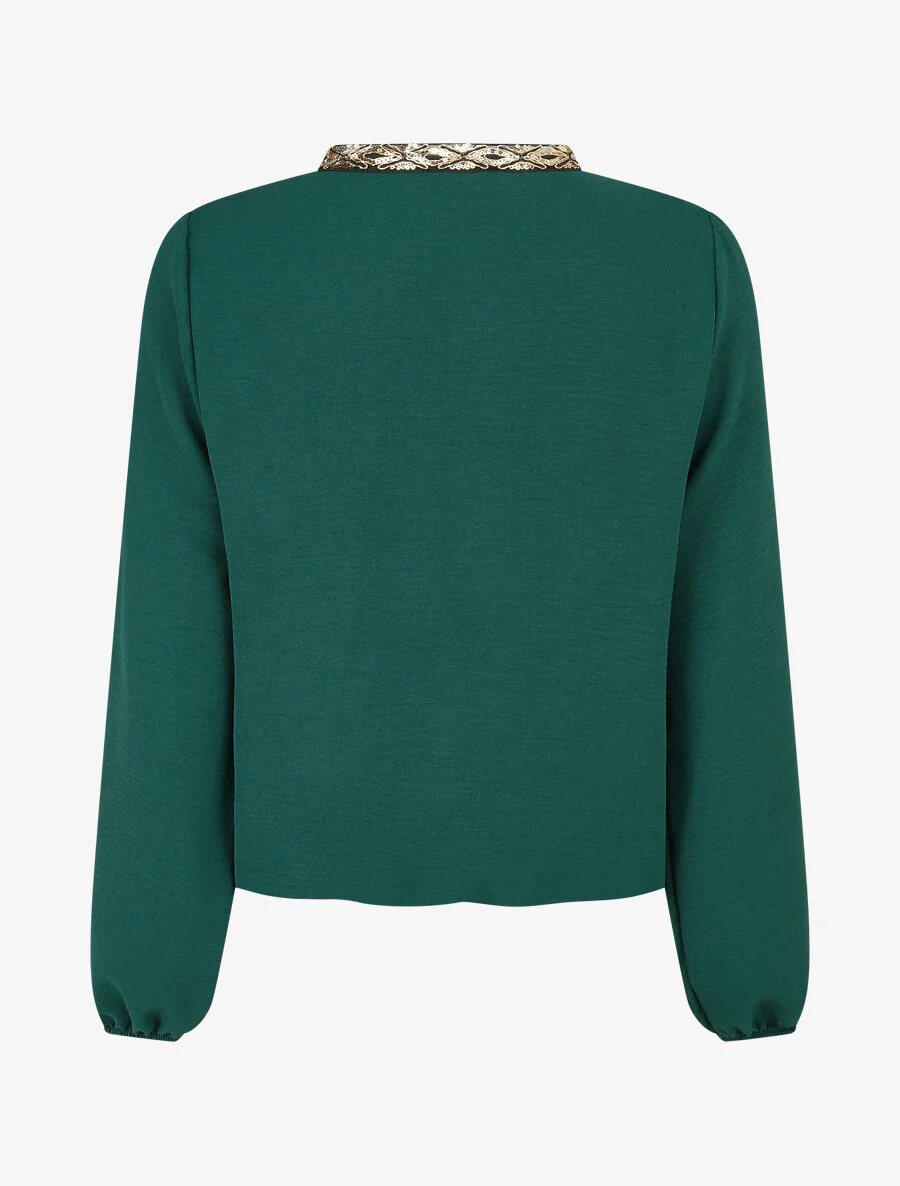 Effen knoopblouse met paillettenkraag - Dennengroen - Image 2