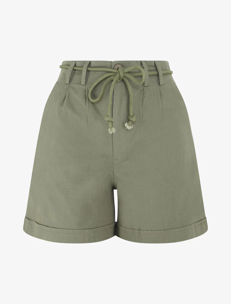 Effen korte broek met omslag. linneneffect - Kakigroen