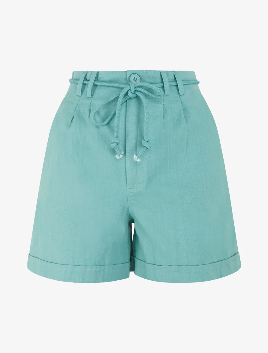 Effen korte broek met omslag. linneneffect - Turkoois
