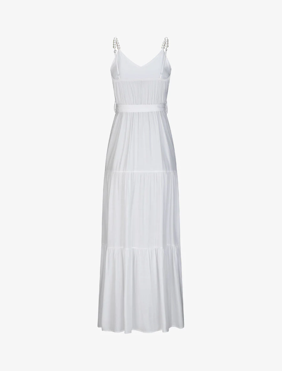 Effen lange empire jurk met parelbandjes - Wit - Image 2