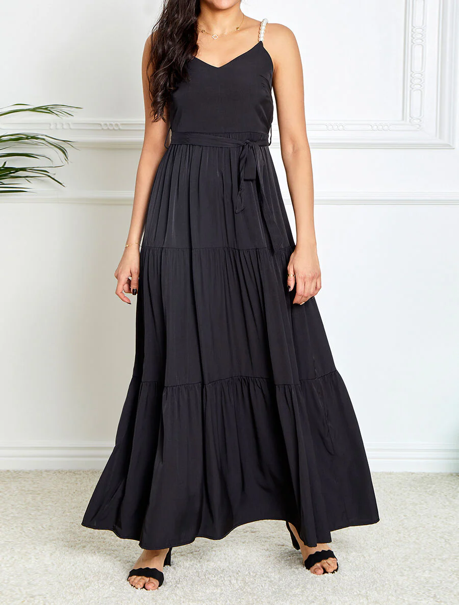 Effen lange empire jurk met parelbandjes - Zwart - Image 4