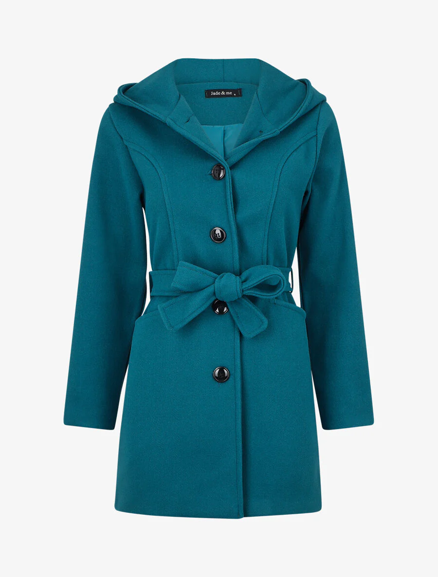 Effen lange jas met capuchon - Blauwgroen