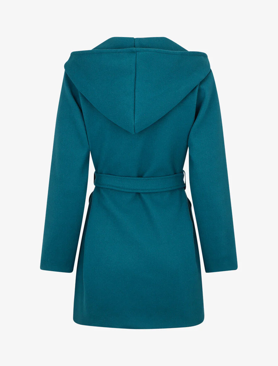 Effen lange jas met capuchon - Blauwgroen - Image 2