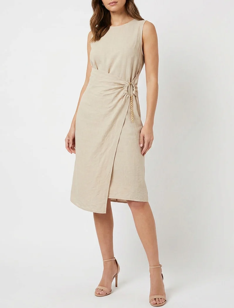 Effen lange jurk met kettinkje - Beige - Image 4