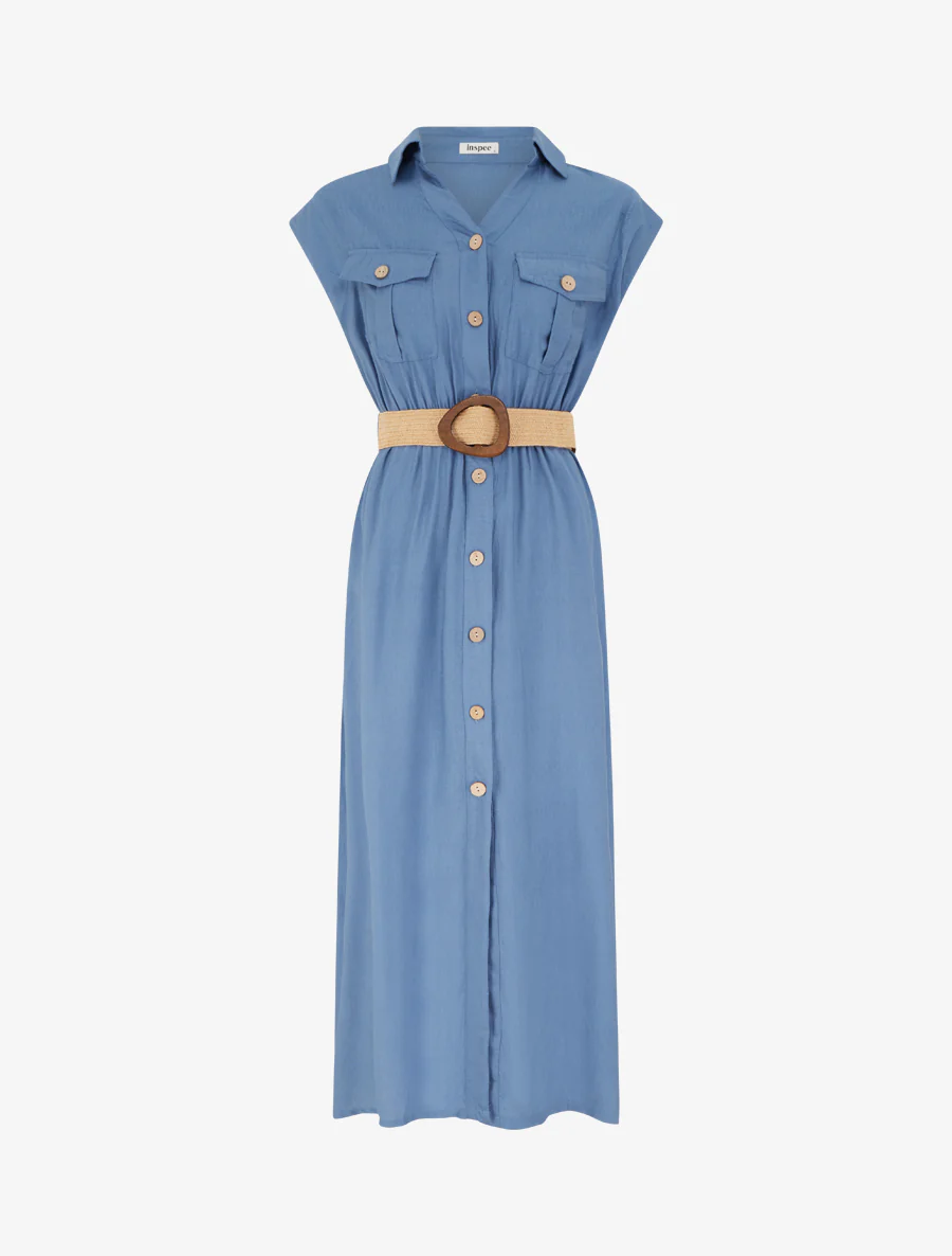 Effen lange jurk met knopen - Blauw