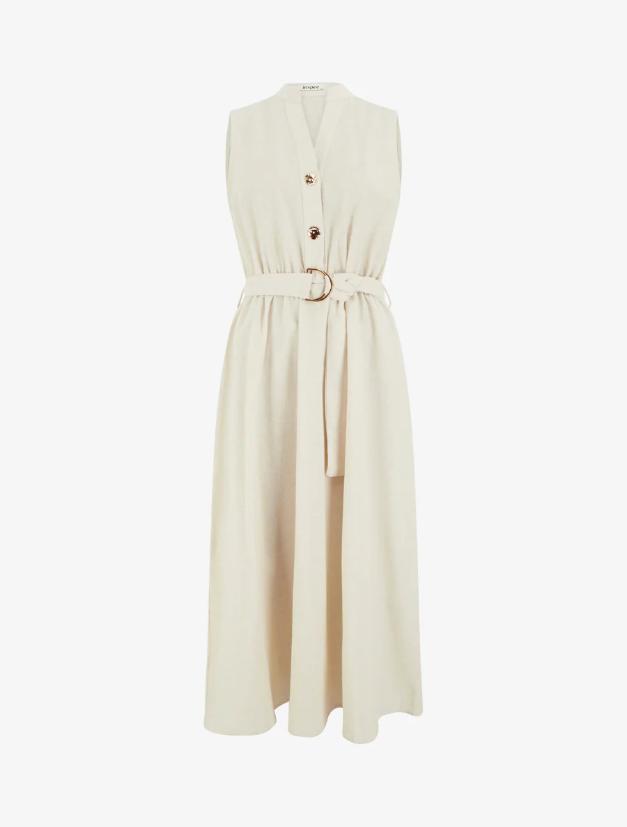 Effen lange jurk met linnen effect - Beige