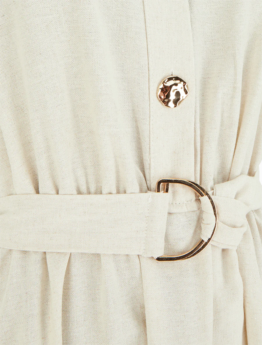 Effen lange jurk met linnen effect - Beige - Image 3