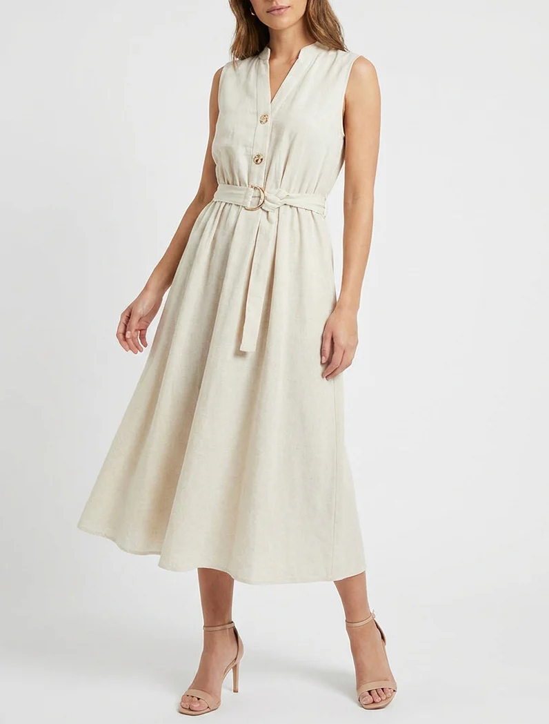 Effen lange jurk met linnen effect - Beige - Image 4