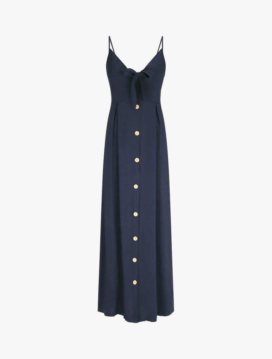 Effen lange jurk met sierknopen - Marineblauw