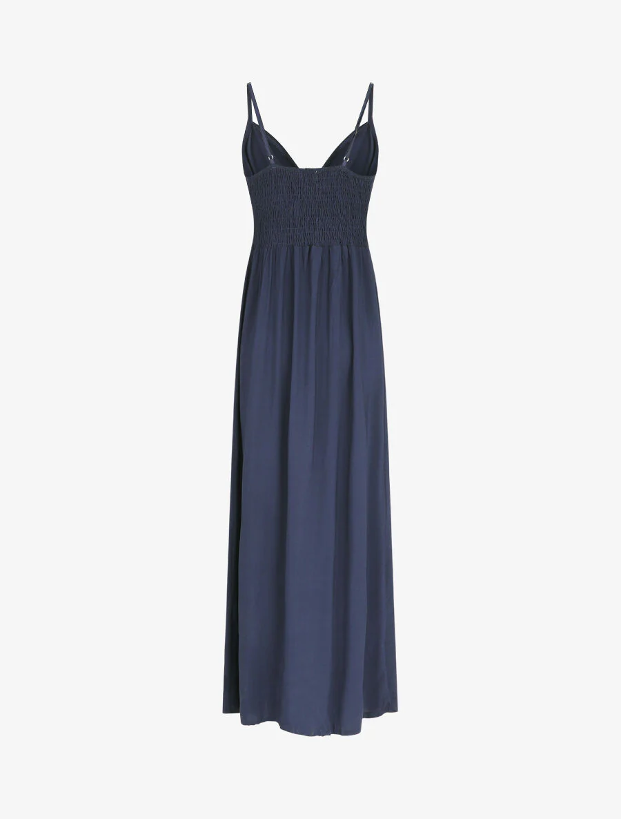 Effen lange jurk met sierknopen - Marineblauw - Image 2