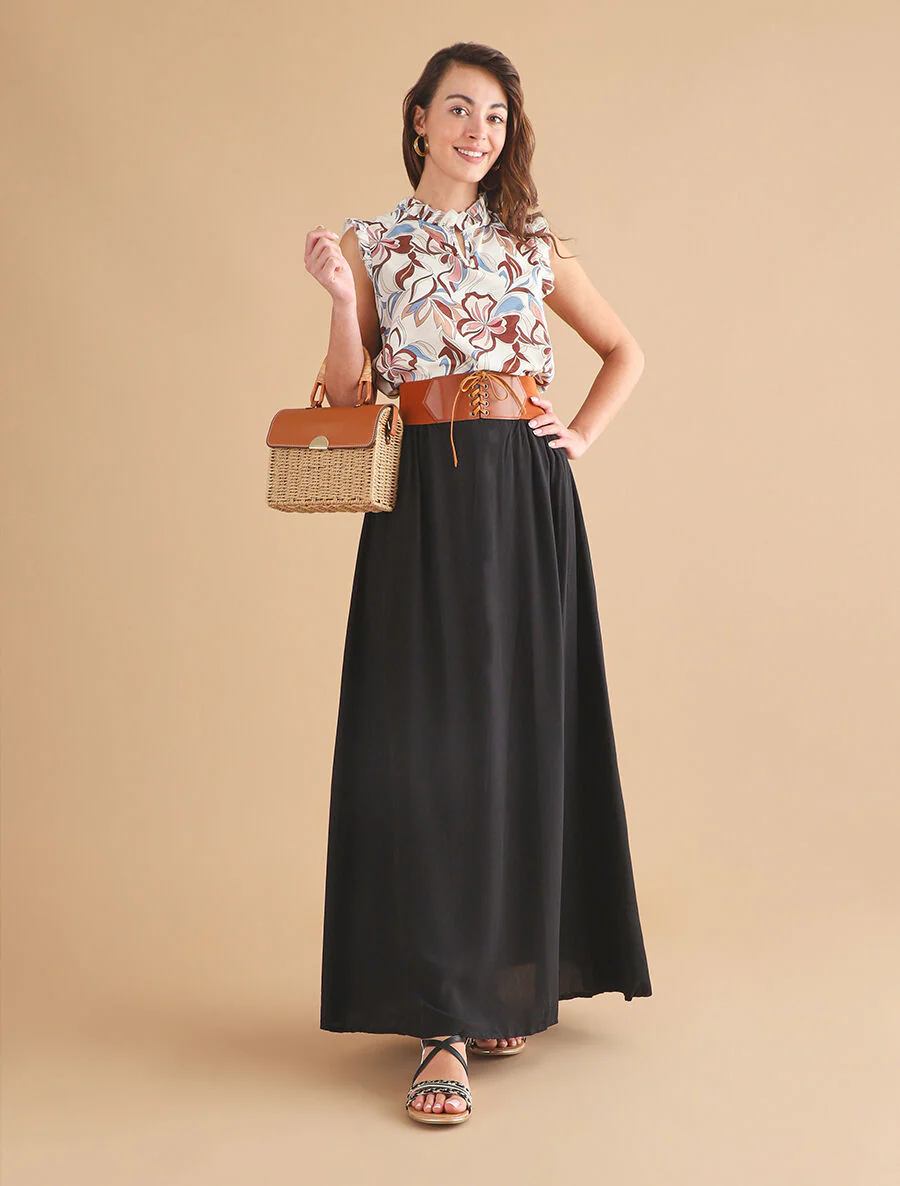 Effen lange rok met elastische tailleband - Zwart - Image 4