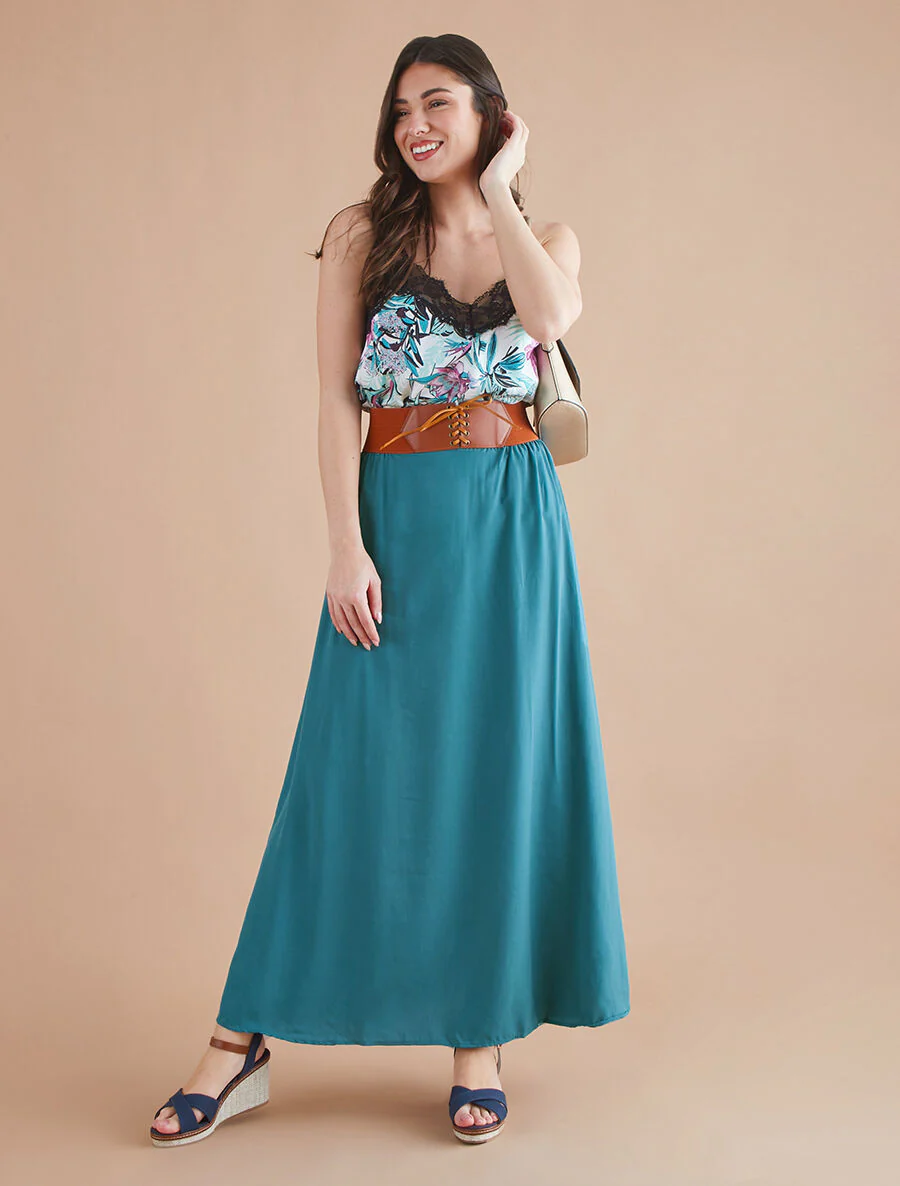 Effen lange rok met elastische tailleband - Blauwgroen - Image 4
