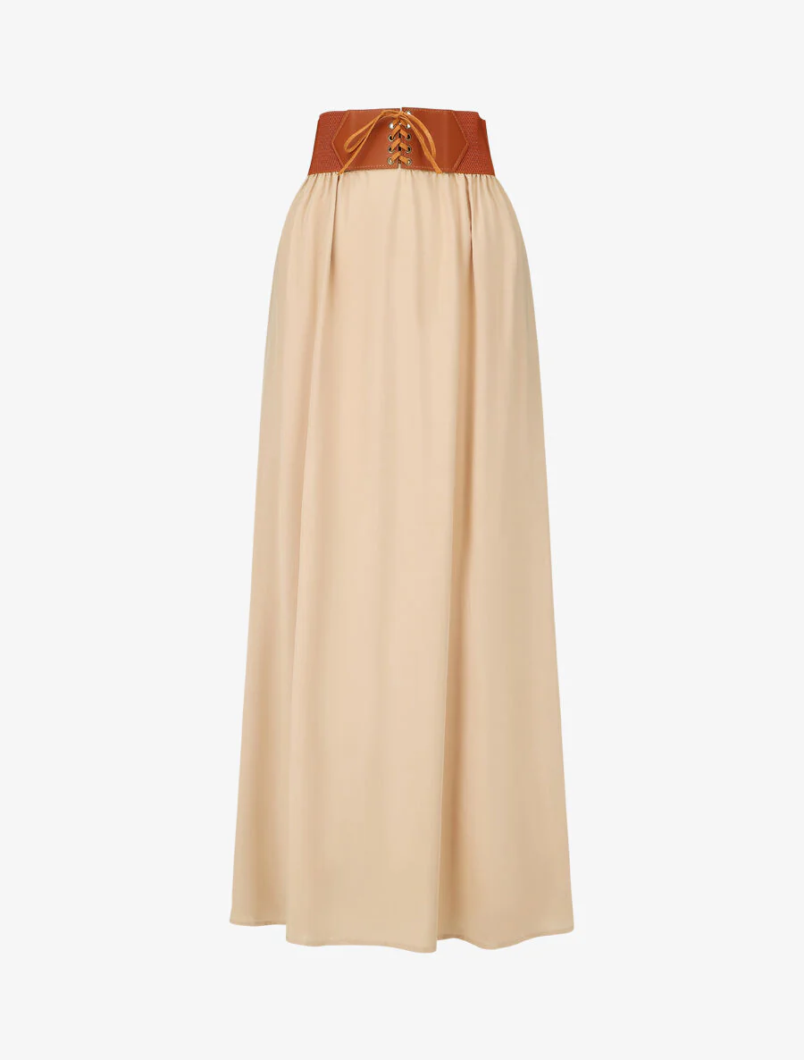 Effen lange rok met elastische tailleband - beige
