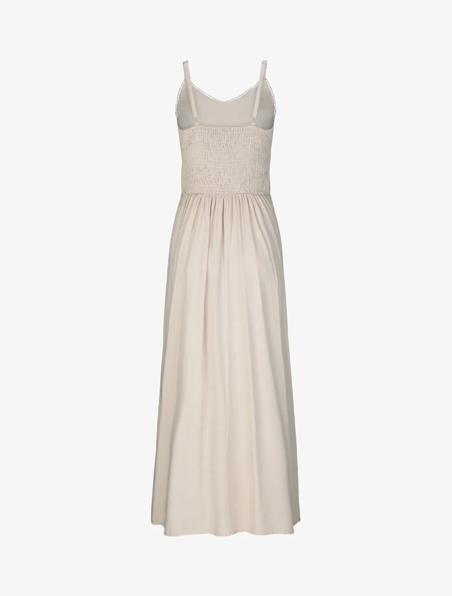 Effen lange uitlopende jurk met kanten taille - Beige - Image 2