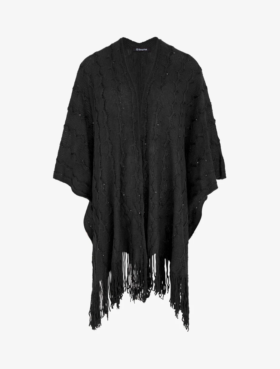 Effen middellange poncho met franjes en pailletten - Zwart