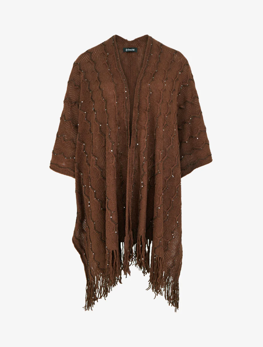 Effen middellange poncho met franjes en pailletten - Bruin