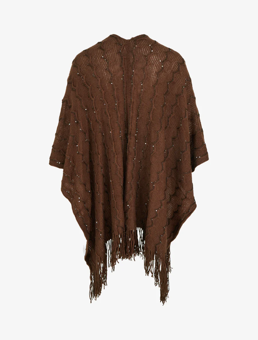 Effen middellange poncho met franjes en pailletten - Bruin - Image 2