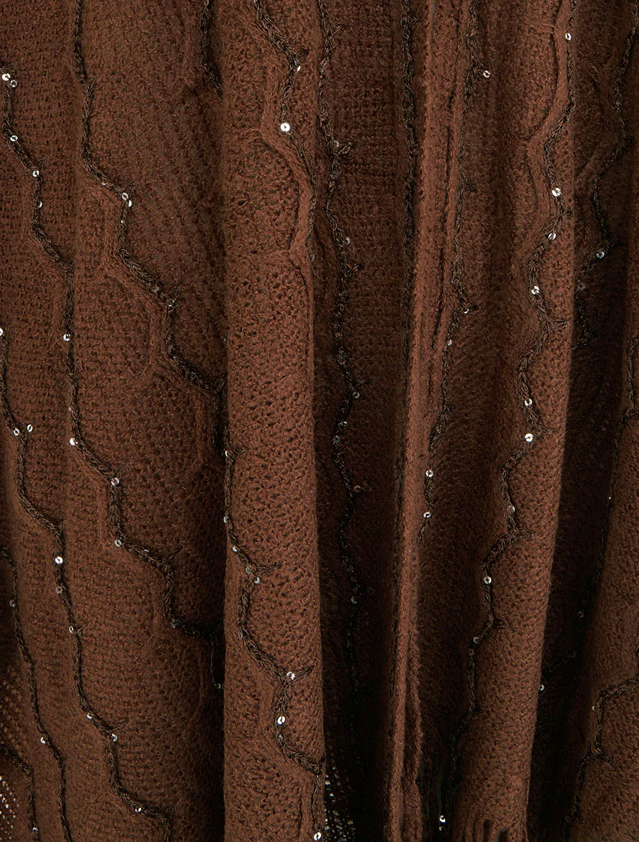 Effen middellange poncho met franjes en pailletten - Bruin - Image 3