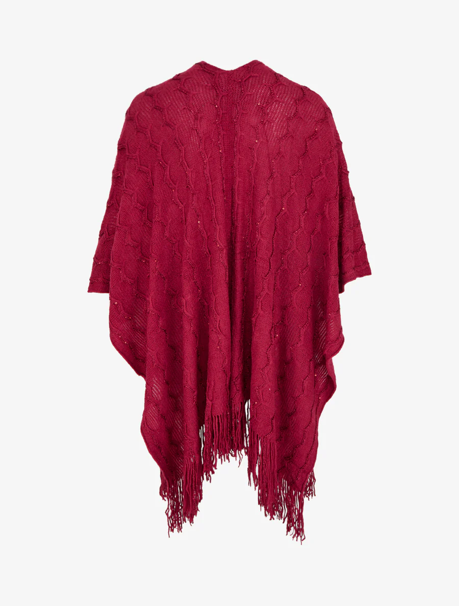 Effen middellange poncho met franjes en pailletten - Wijnrood - Image 2