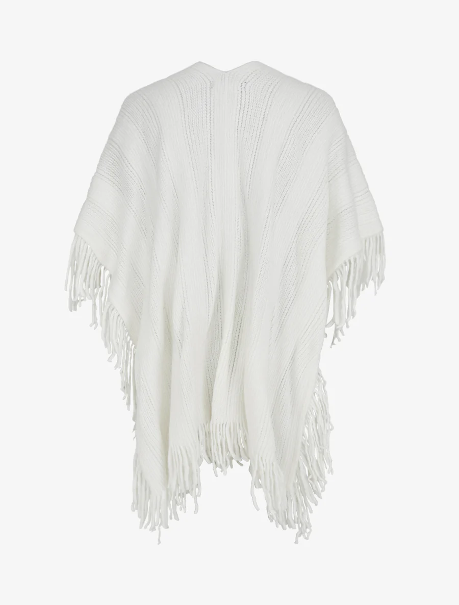 Effen middellange poncho met franjes - Wit - Image 2