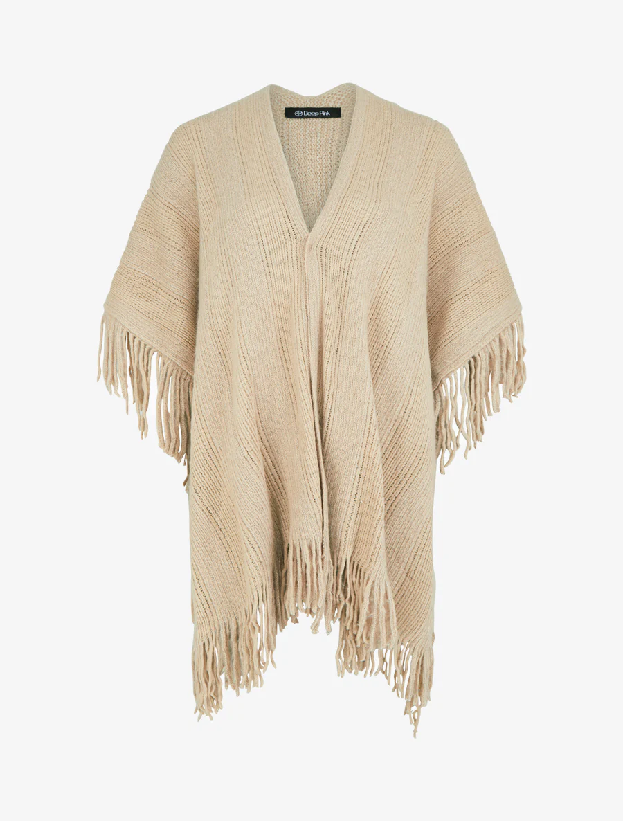 Effen middellange poncho met franjes - Beige