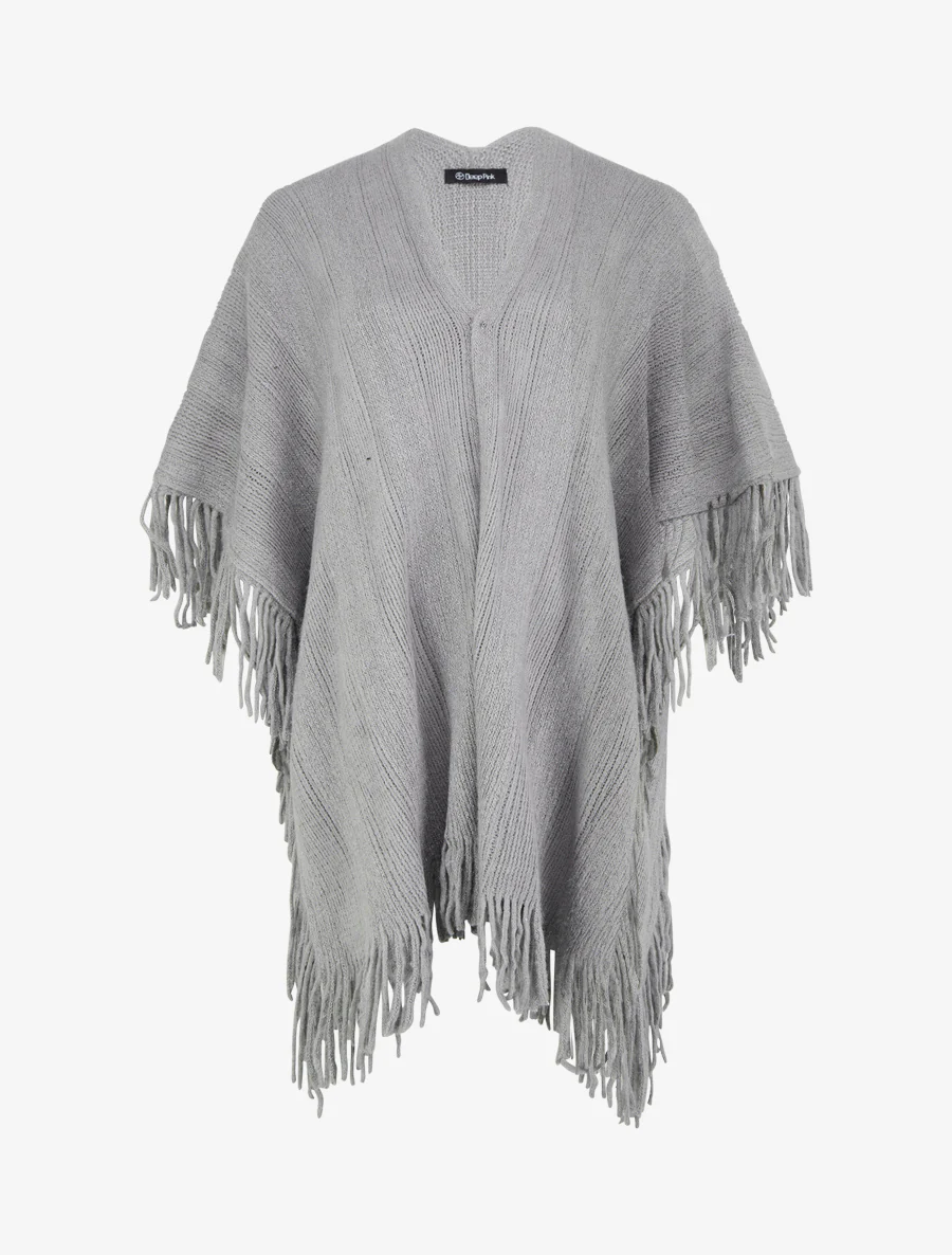Effen middellange poncho met franjes - Grijs
