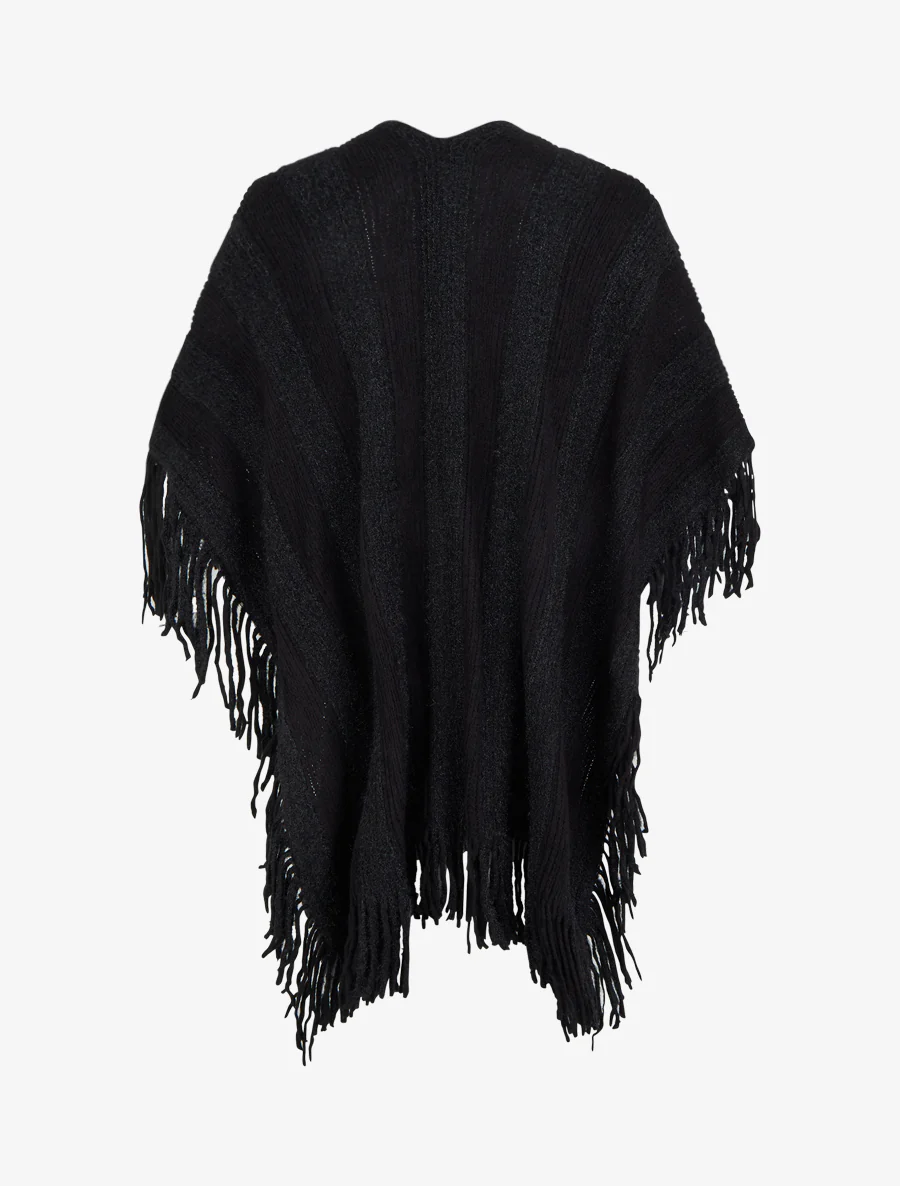 Effen middellange poncho met franjes - Zwart - Image 2